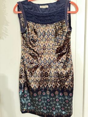 BCBGMaxAzria Navy and Gold Floral-Trim Satin Dress